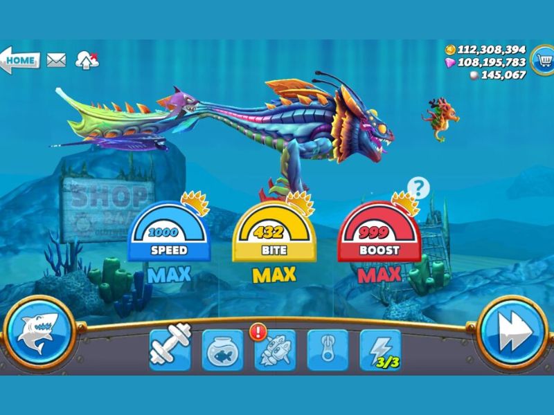 Tính năng vô hạn tiền, kim cương trong Hungry Shark World Hack